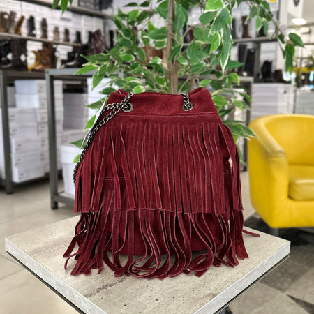 Sac seau à franges Bordeaux en cuir suédé