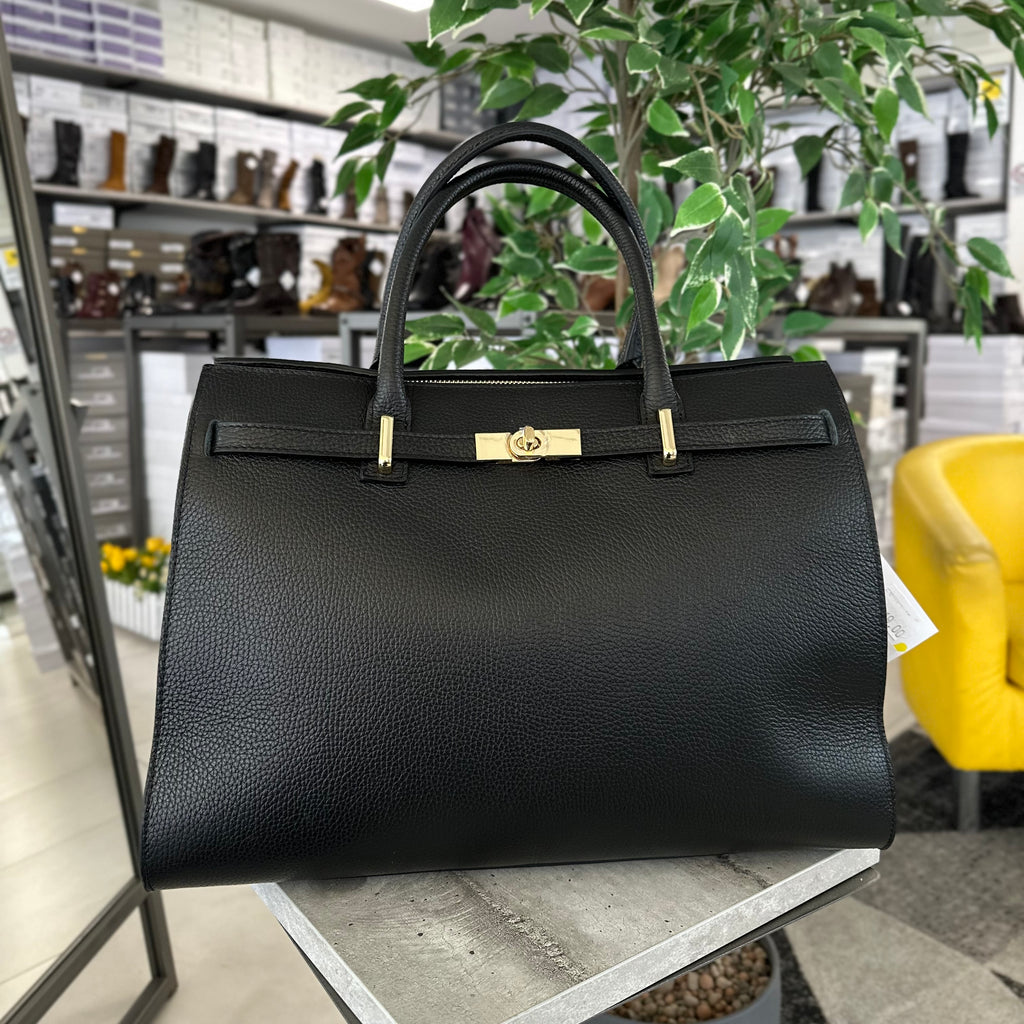 Large Black Bag Golden Accessory Semi-Rigid Roomy Genuine Leather "GILDA" - 3
