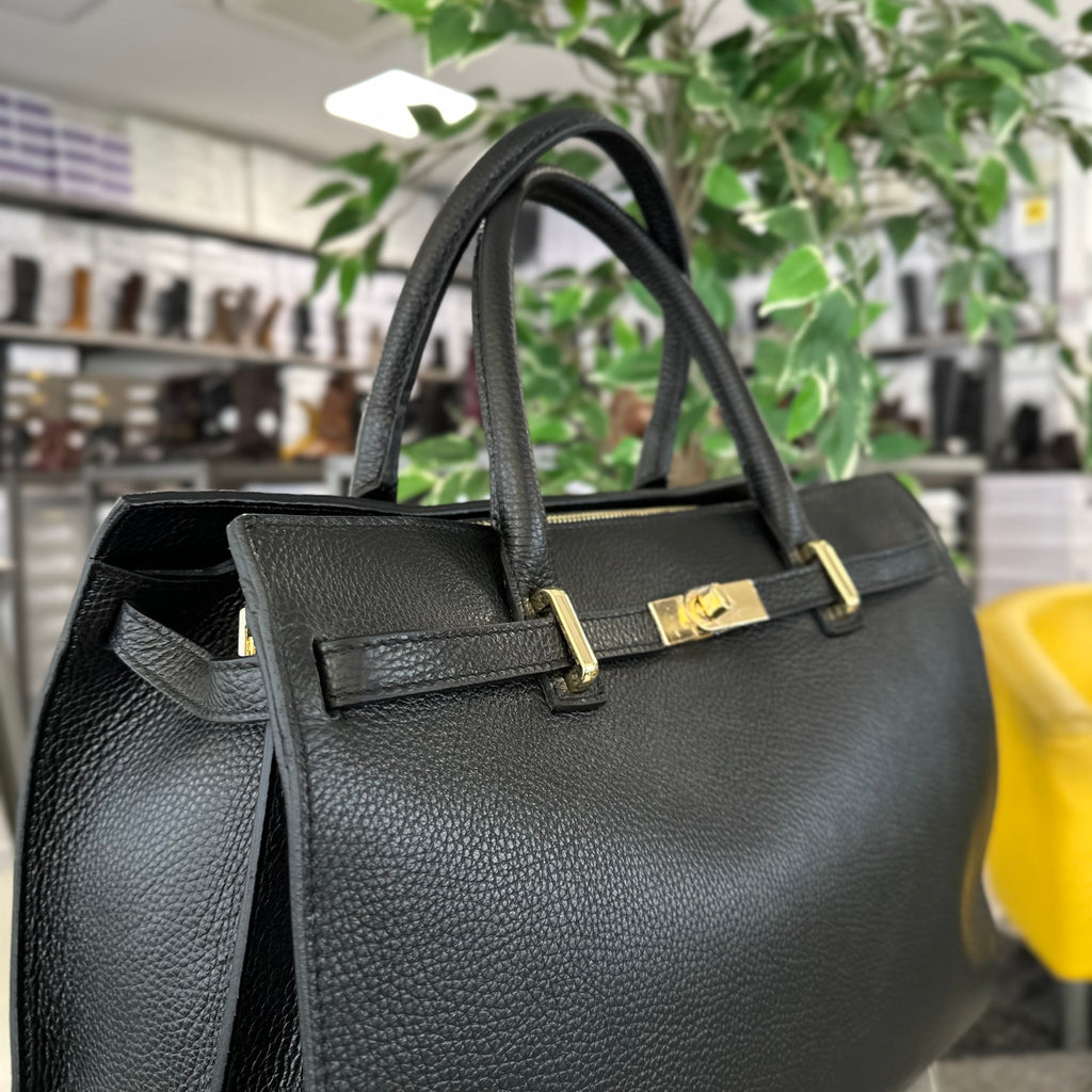 Large Black Bag Golden Accessory Semi-Rigid Roomy Genuine Leather "GILDA" - 2