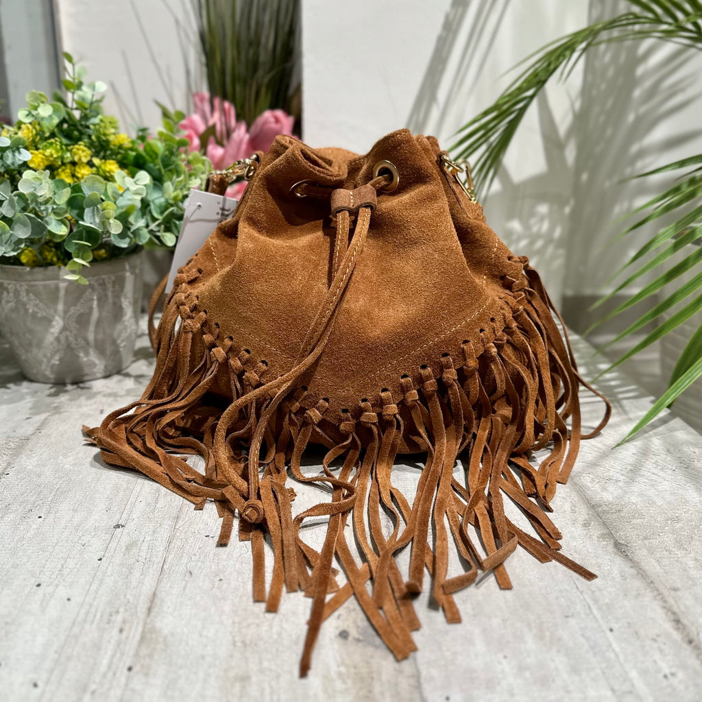 Bucket Bag with Leather Fringes in Suede KIKKIBAGS EVA