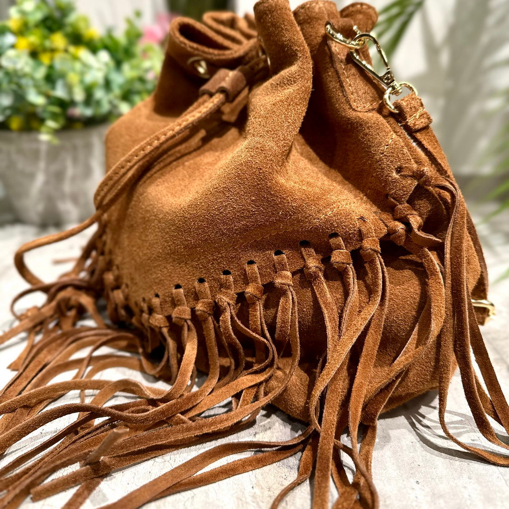Bucket Bag with Leather Fringes in Suede KIKKIBAGS EVA - 4