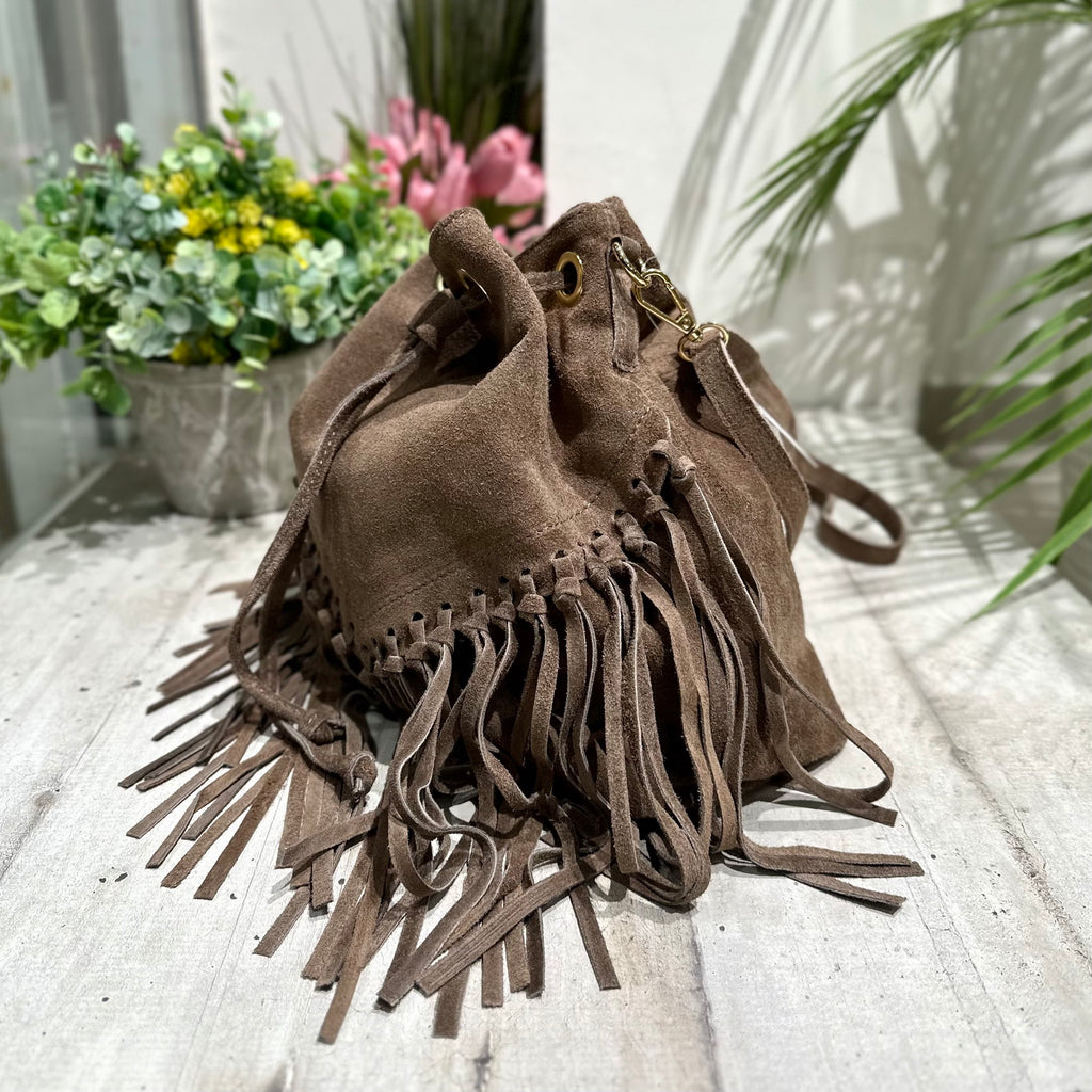 Bucket Bag with Taupe Fringes in Suede KIKKIBAGS EVA