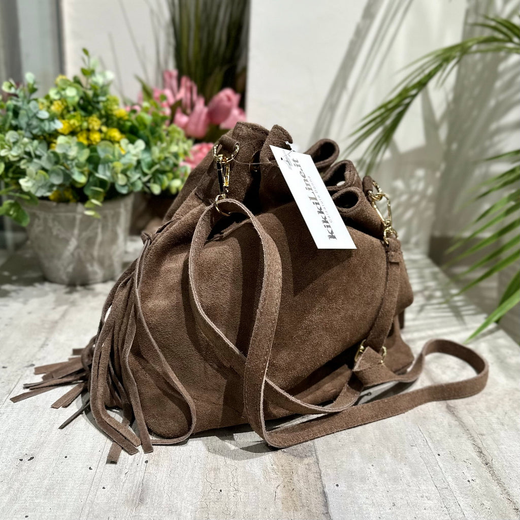 Bucket Bag with Taupe Fringes in Suede KIKKIBAGS EVA - 4