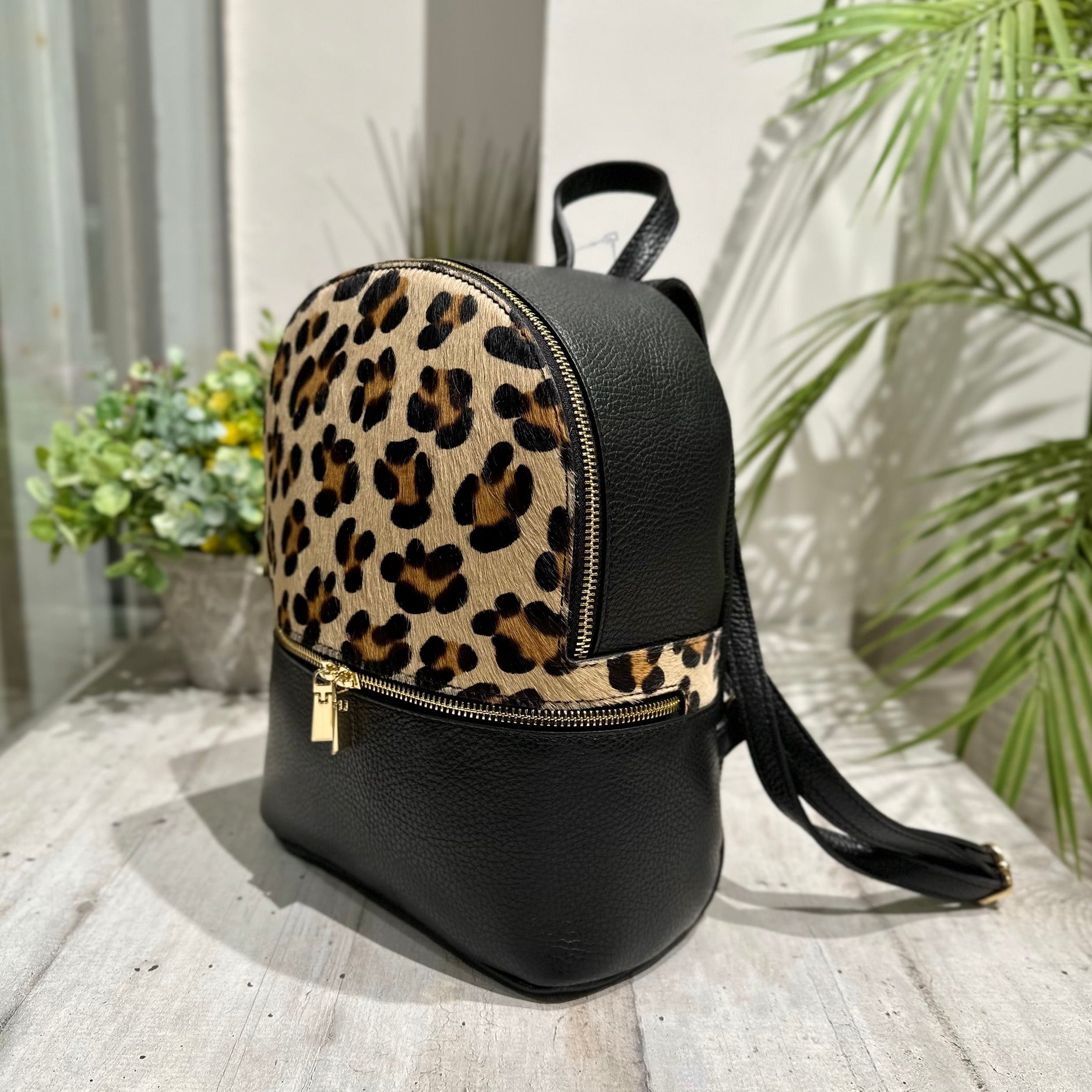 animal print backpack leather Large Leopard Backpack in Genuine Leather Made in Italy KikkiLine