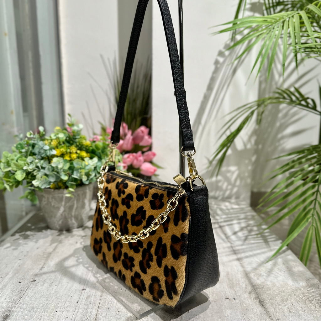 Borsa in Pelle Cavallino Leopardato a Spalla con Catena KIKKIBAG FRANCY
