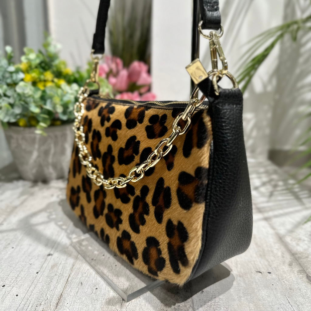 Borsa in Pelle Cavallino Leopardato a Spalla con Catena KIKKIBAG FRANCY - 3