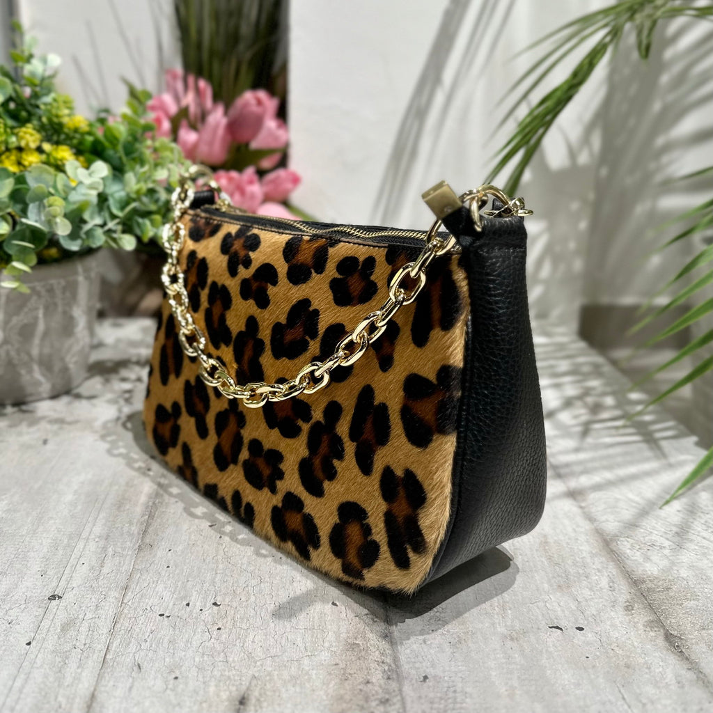 Borsa in Pelle Cavallino Leopardato a Spalla con Catena KIKKIBAG FRANCY - 5
