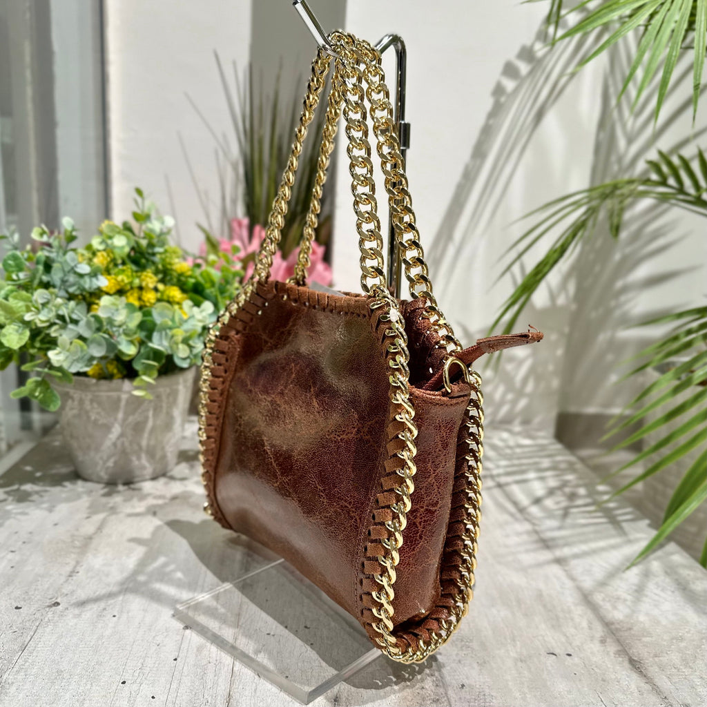 Bag with Golden Chain in Brown Vintage Leather - 2