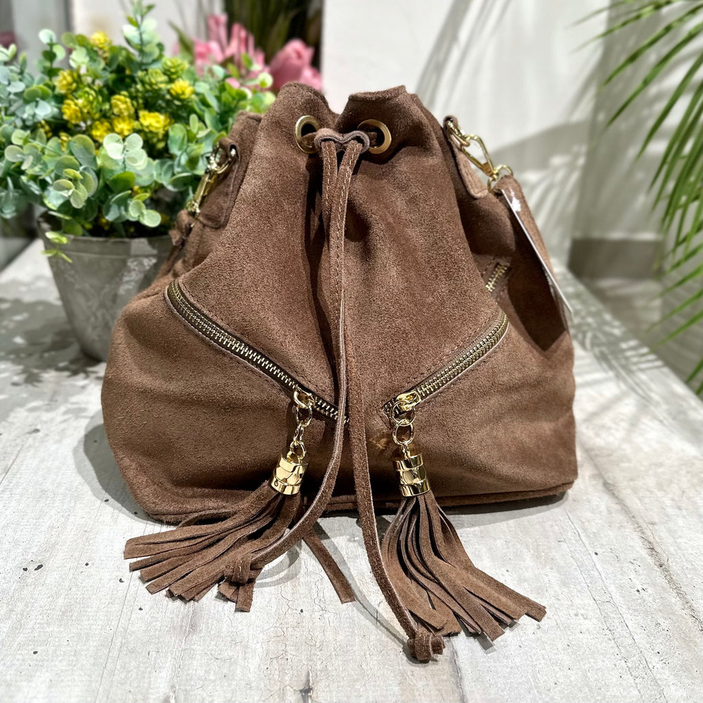 Bucket Bag with Taupe Tassels in Double Zip Suede