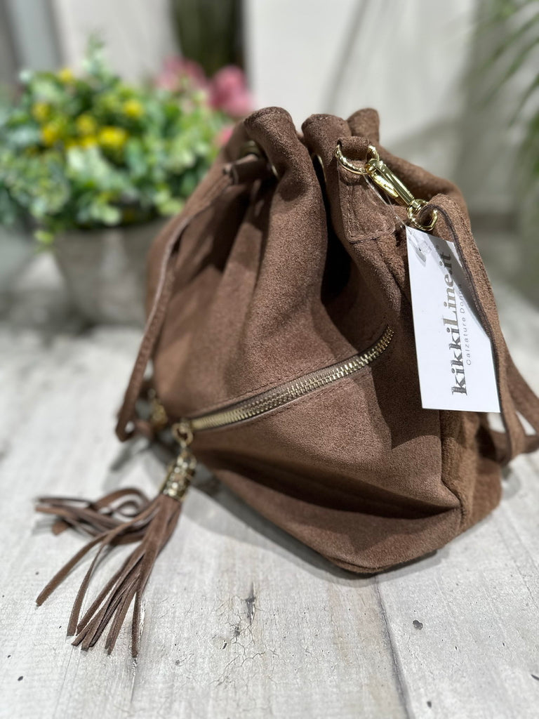 Bucket Bag with Taupe Tassels in Double Zip Suede - 2