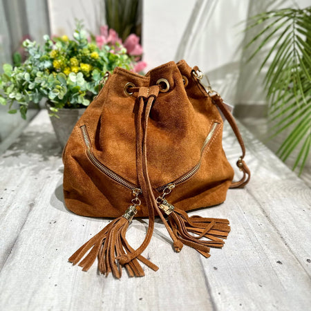 Sac seau avec pompons en cuir en daim double fermeture éclair