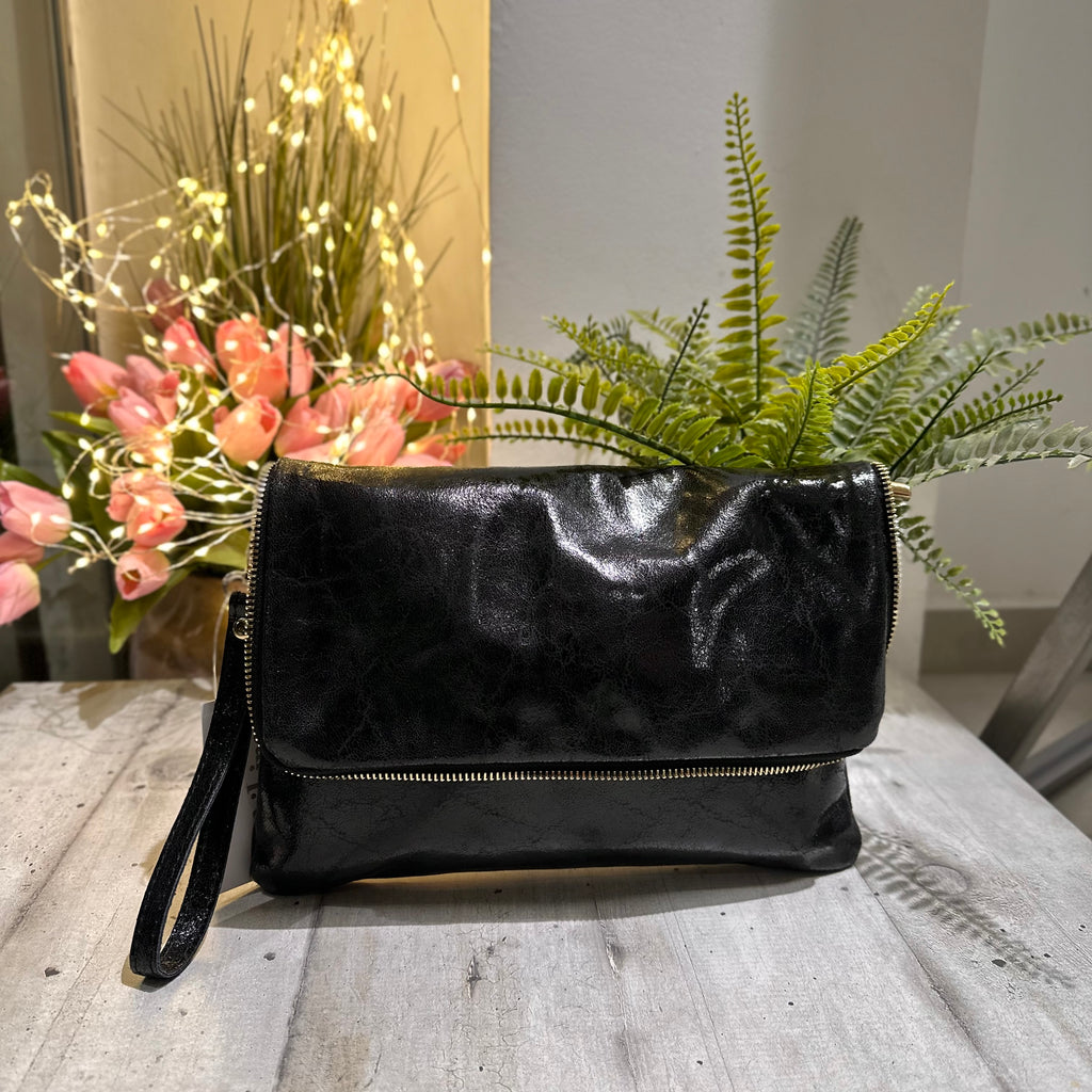 Clutch a Mano Borsa VERA PELLE effetto Vintage Nera GINEVRA tracolla all'interno