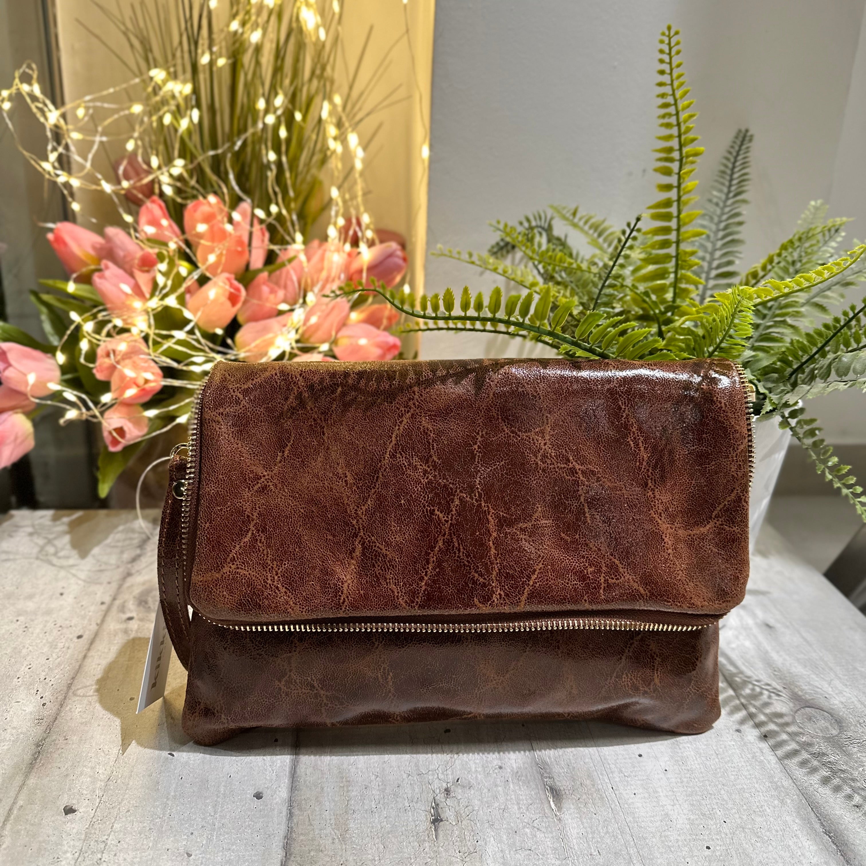 Clutch Hand Bag GENUINE LEATHER Vintage effect Brown GINEVRA shoulder strap inside