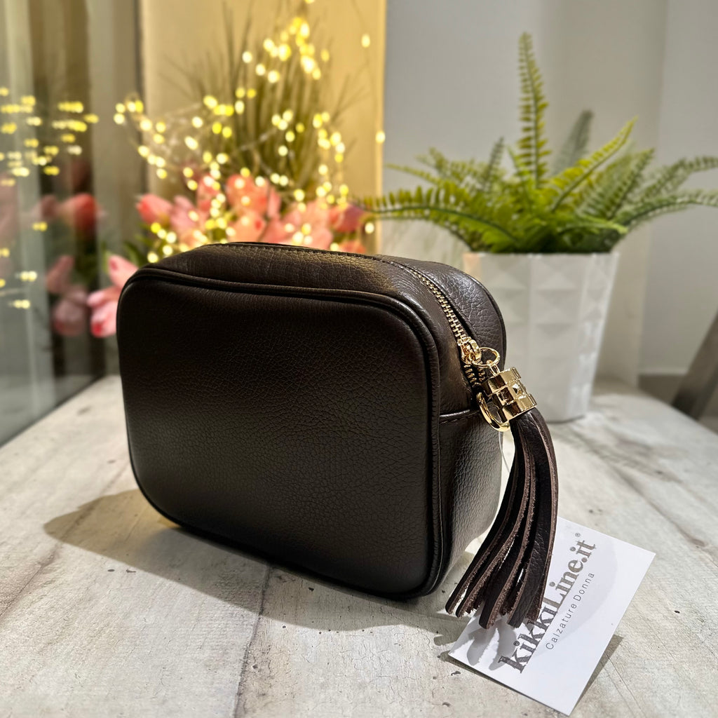 Quadratische Tasche mit Quaste und Reißverschluss ECHT LEDER Dunkelbraun mit Schultergurt PAOLA - 3
