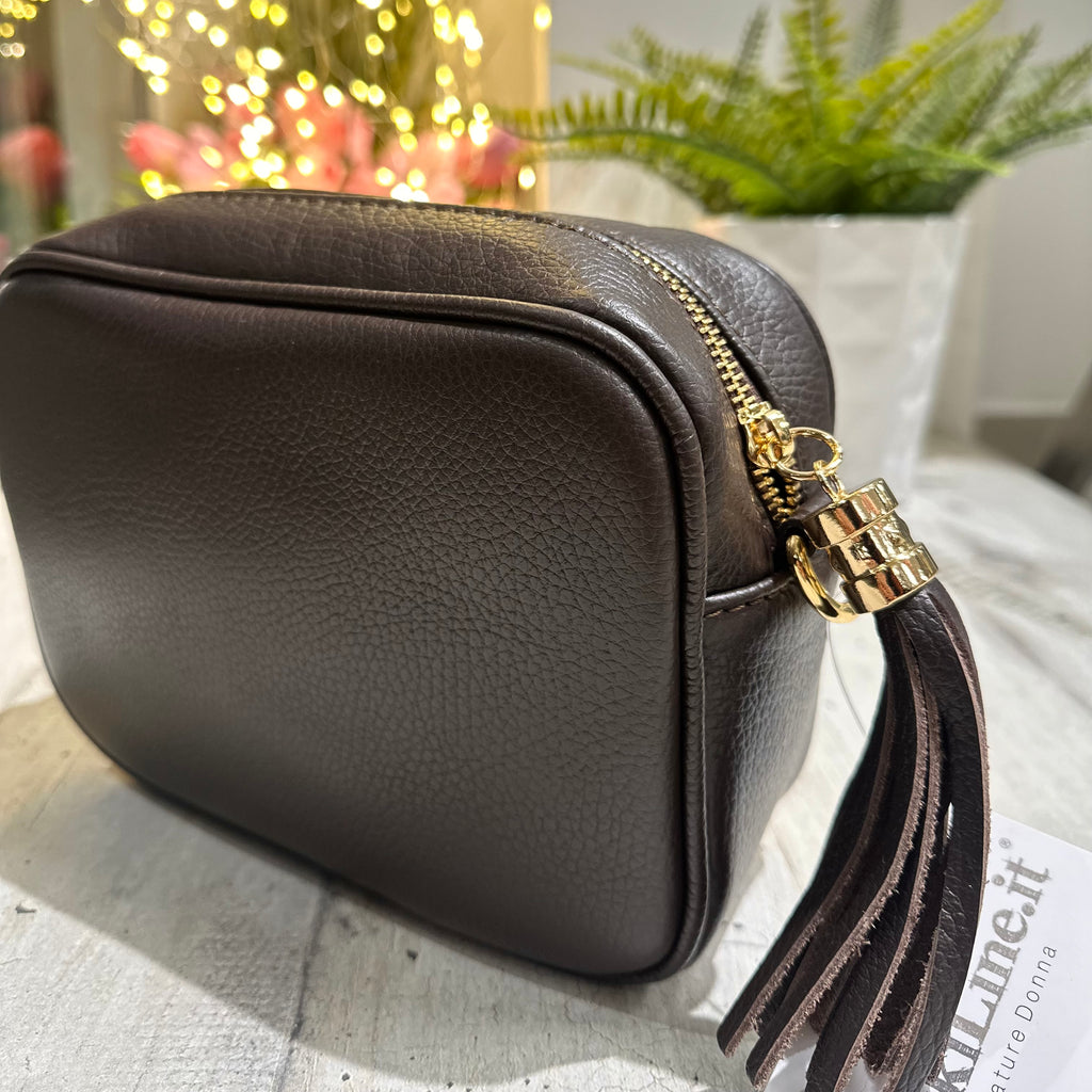 Quadratische Tasche mit Quaste und Reißverschluss ECHT LEDER Dunkelbraun mit Schultergurt PAOLA - 2