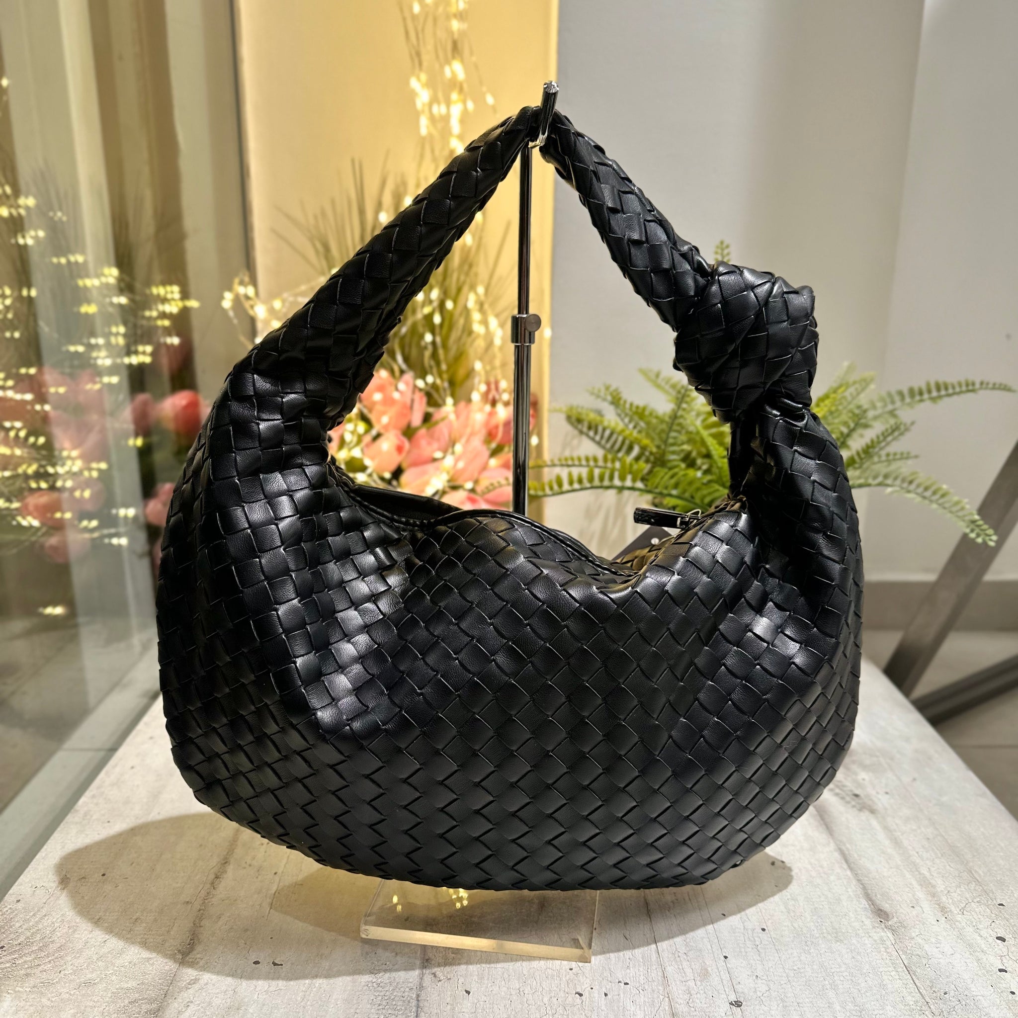BETTY Medium Black Shoulder Handbag Faux Leather Knot Woven Bag