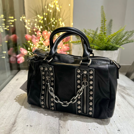 Punk Rock Studded Chains Black Faux Leather Box Bag BICE