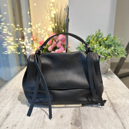 Borsa con Nappine e Zip Argento in Pelle Nera Tracolla Interna