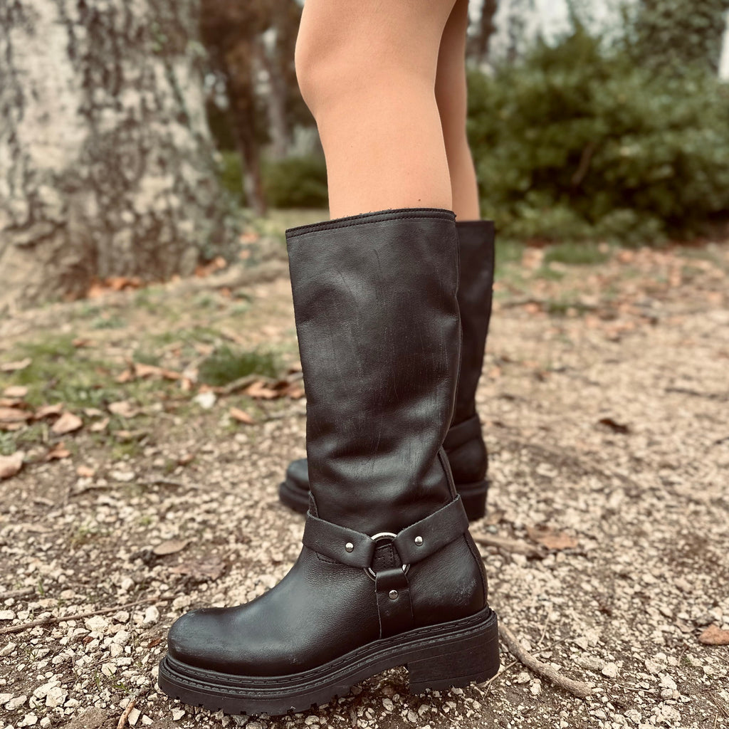 Stivali Biker Police Donna in Pelle Neri Effetto Used Graffiato Made in Italy - 2