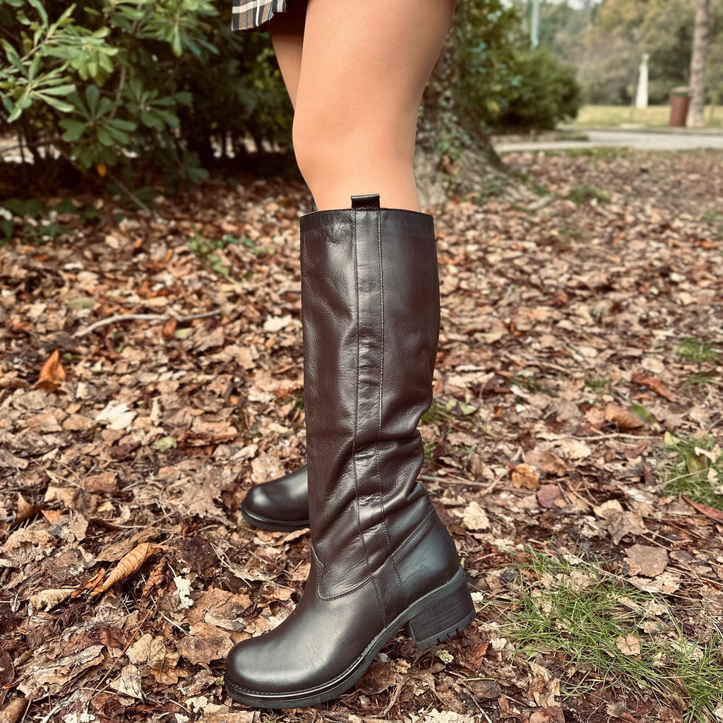 Women's Brown Leather Biker Boots Medium Heel Made in Italy - 2