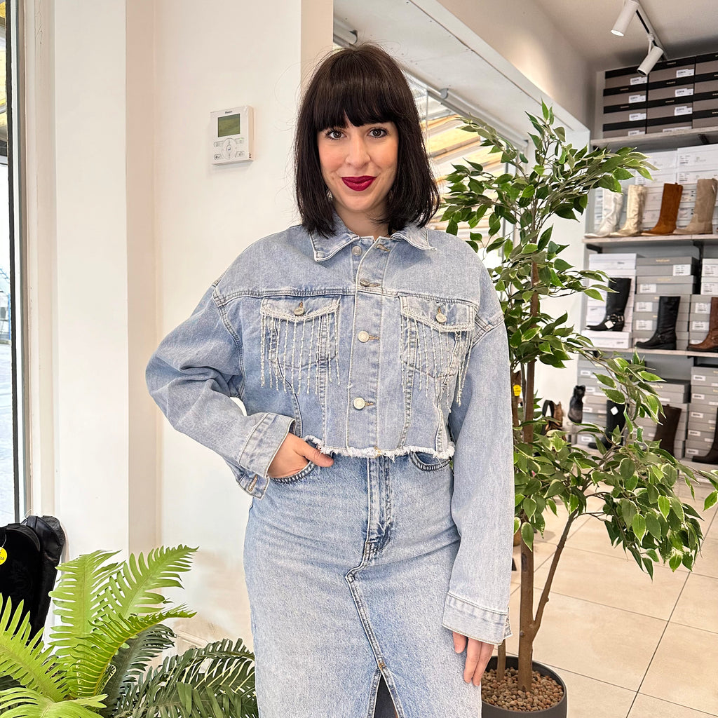 Crop Jeans Jacket with Rhinestones