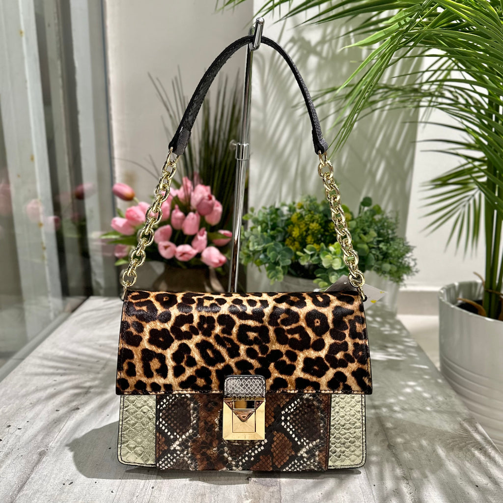 Patchwork Gold Leather Briefcase Bag with Shoulder Chain and Adjustable Cavallino Shoulder Strap
