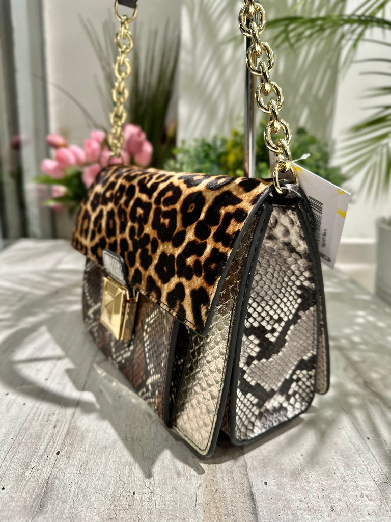 Patchwork Gold Leather Briefcase Bag with Shoulder Chain and Adjustable Cavallino Shoulder Strap - 3