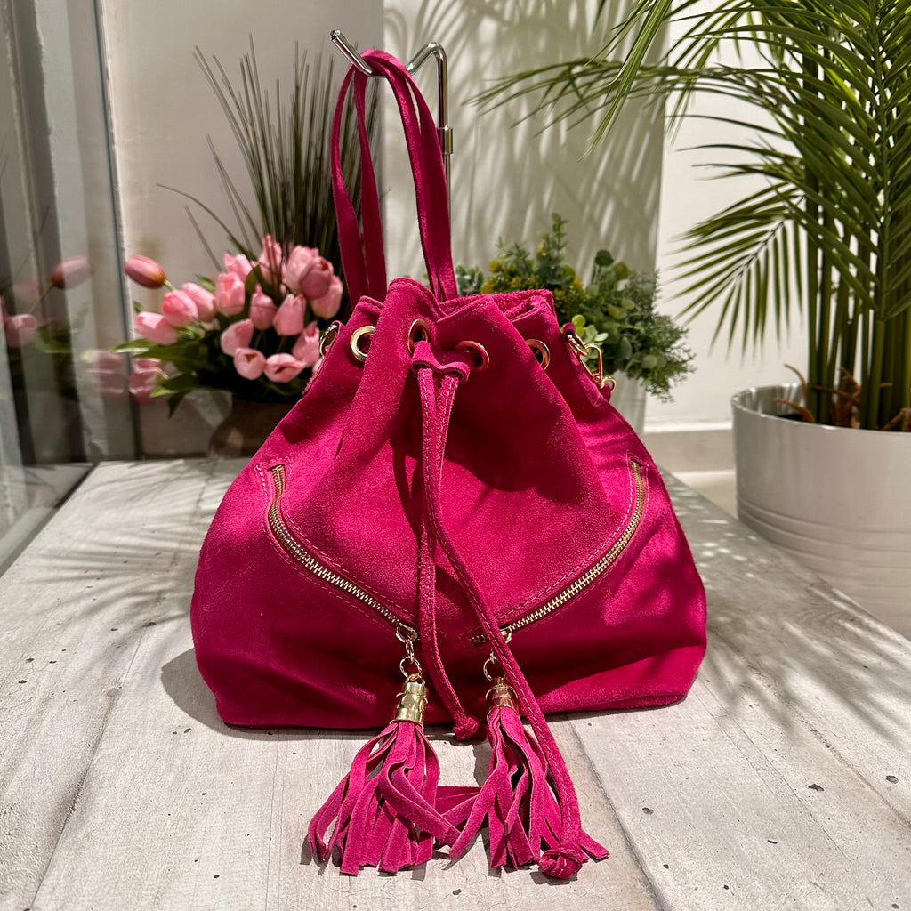 Bucket Bag with Fuchsia Tassels in Double Zip Suede