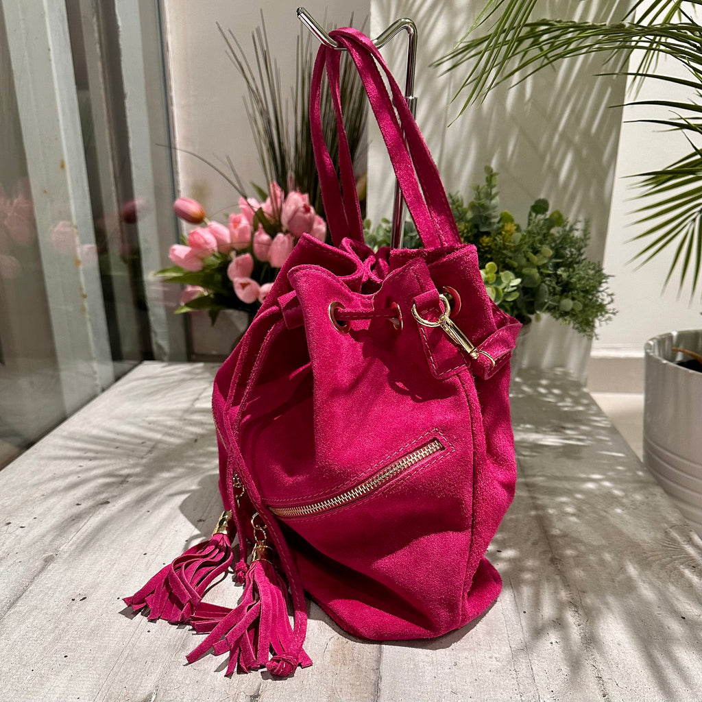 Bucket Bag with Fuchsia Tassels in Double Zip Suede - 3