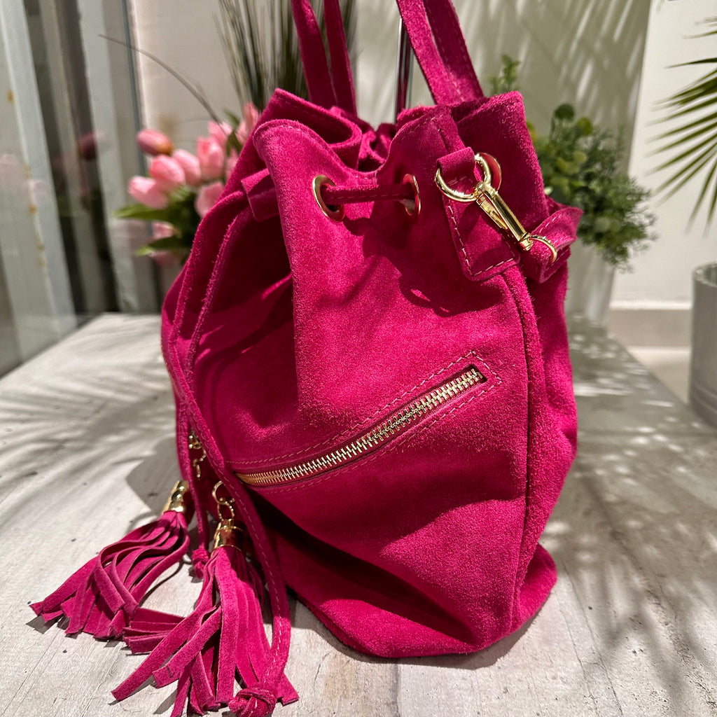 Bucket Bag with Fuchsia Tassels in Double Zip Suede - 2