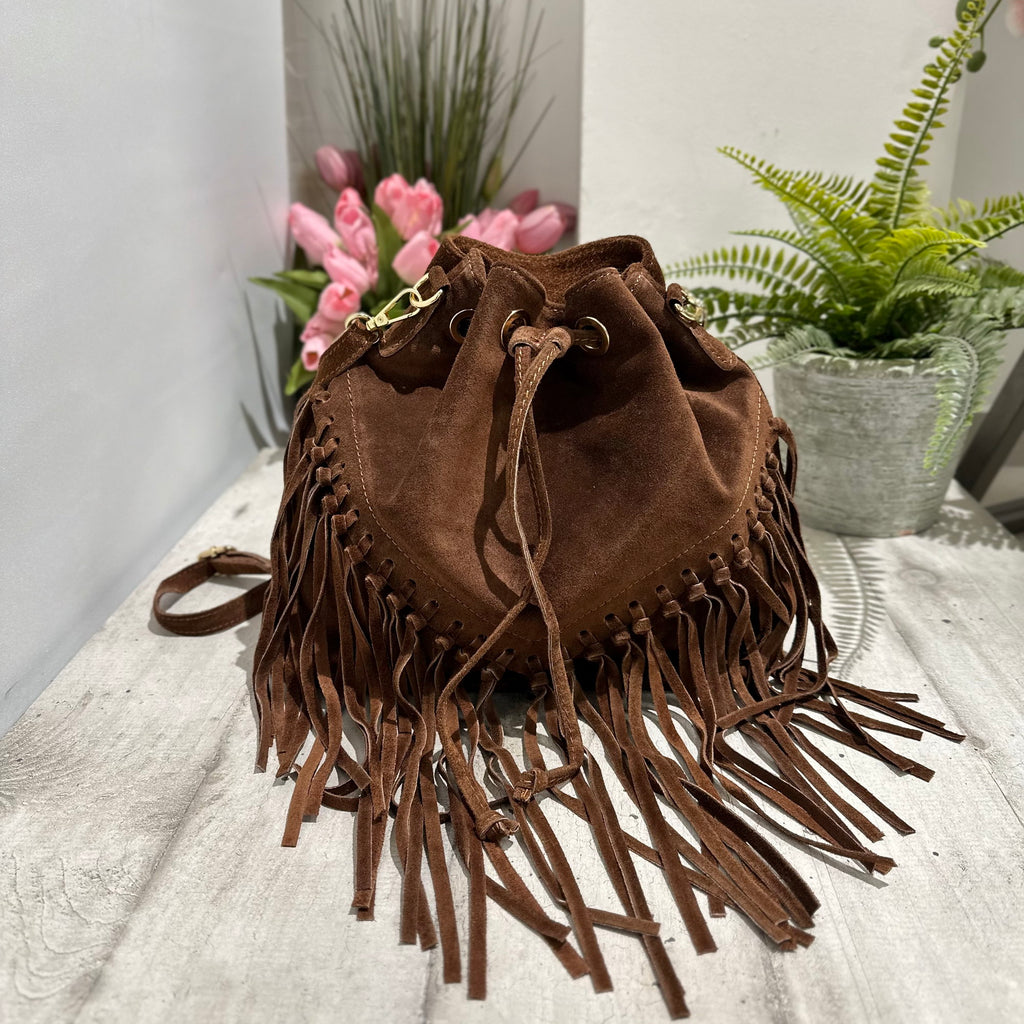 Borsa Pelle Scamosciata Cioccolato a Secchiello con Frange Tracolla e Passanti Dorati Eva - 2
