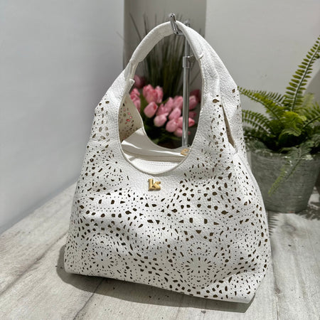 Perforated Faux Leather Bag with Purse and Shoulder Strap Included Inside White BRIDGET