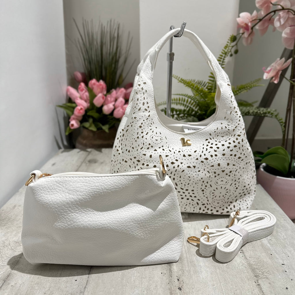 Borsa Traforata similpelle con Borsello e Tracolla Inclusi All'interno Bianca BRIDGET - 3