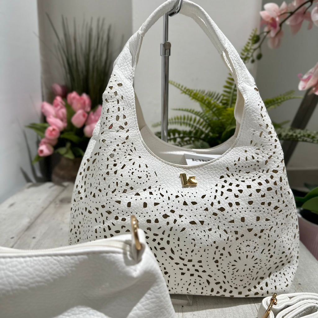 Borsa Traforata similpelle con Borsello e Tracolla Inclusi All'interno Bianca BRIDGET - 2