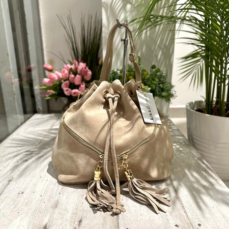 Bucket Bag with Beige Tassels in Double Zip Suede