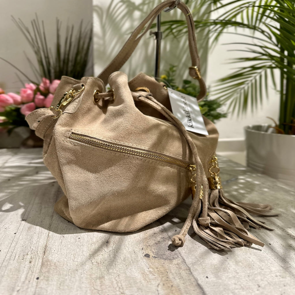 Bucket Bag with Beige Tassels in Double Zip Suede - 2