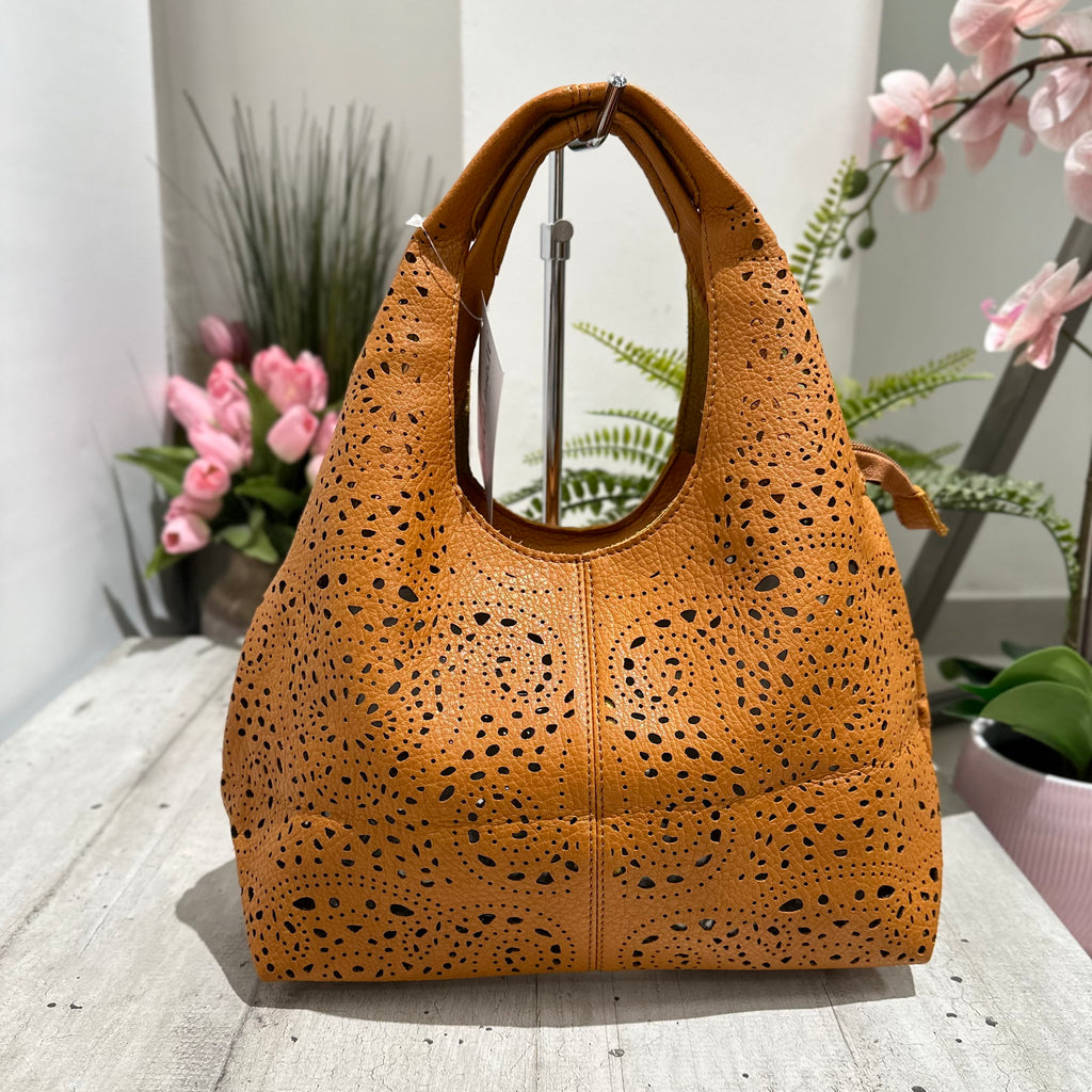 Laser-Cut Faux Leather Bag with Inner Pouch and Strap – Tan, BRIDGET - 4
