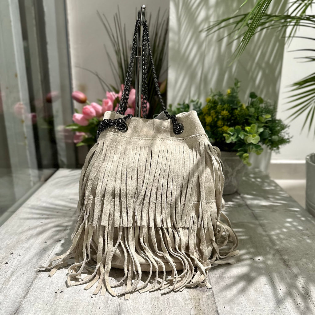 Bucket Bag with Offwhite Fringes in Suede