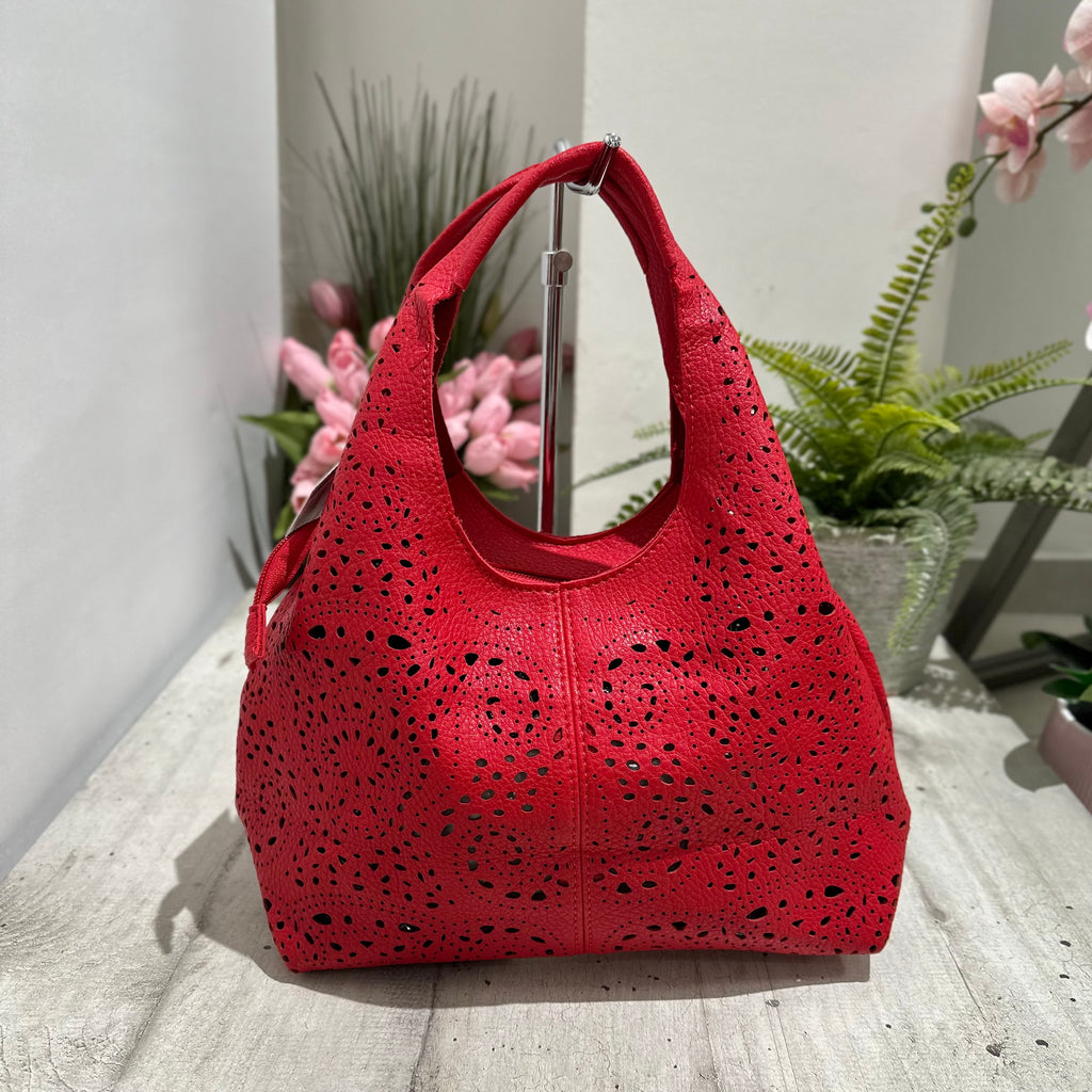 Perforated Faux Leather Bag with Purse and Shoulder Strap Included Inside Red BRIDGET - 2