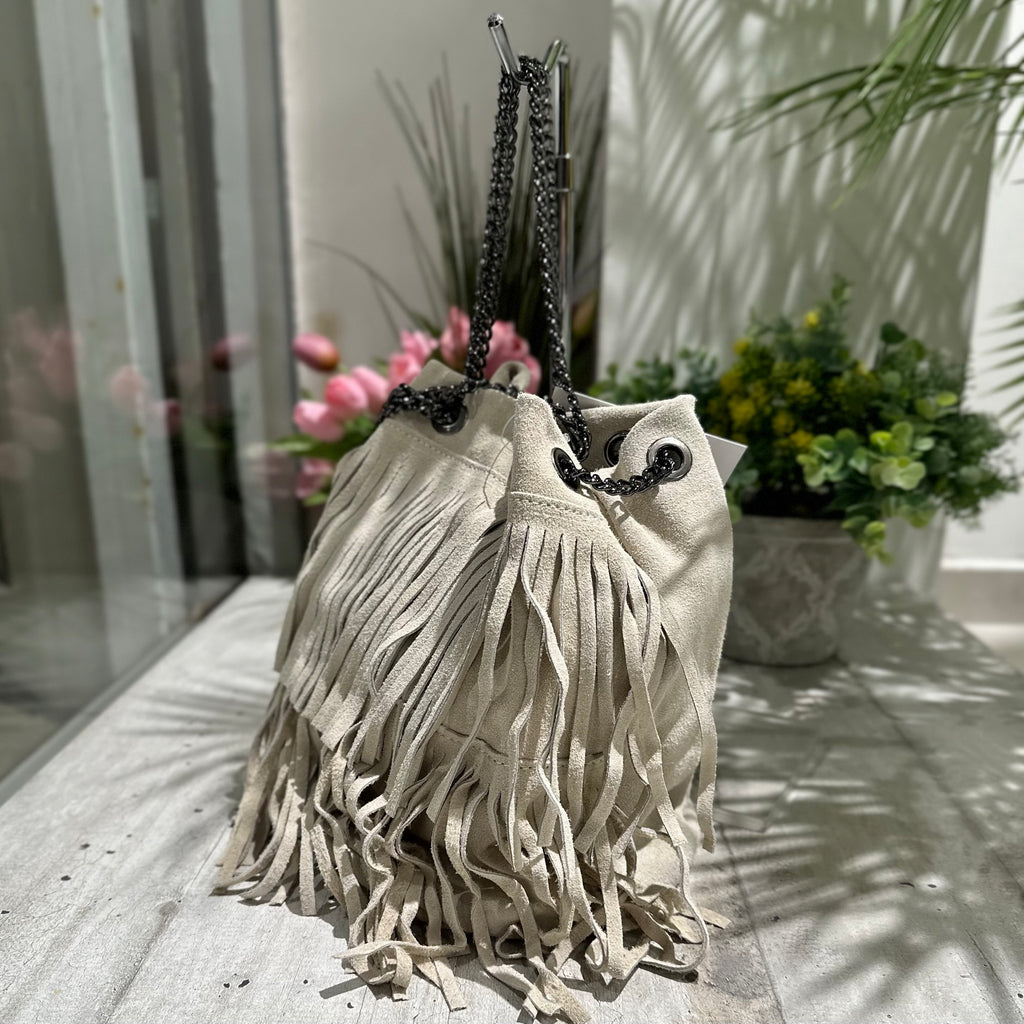 Bucket Bag with Offwhite Fringes in Suede - 2