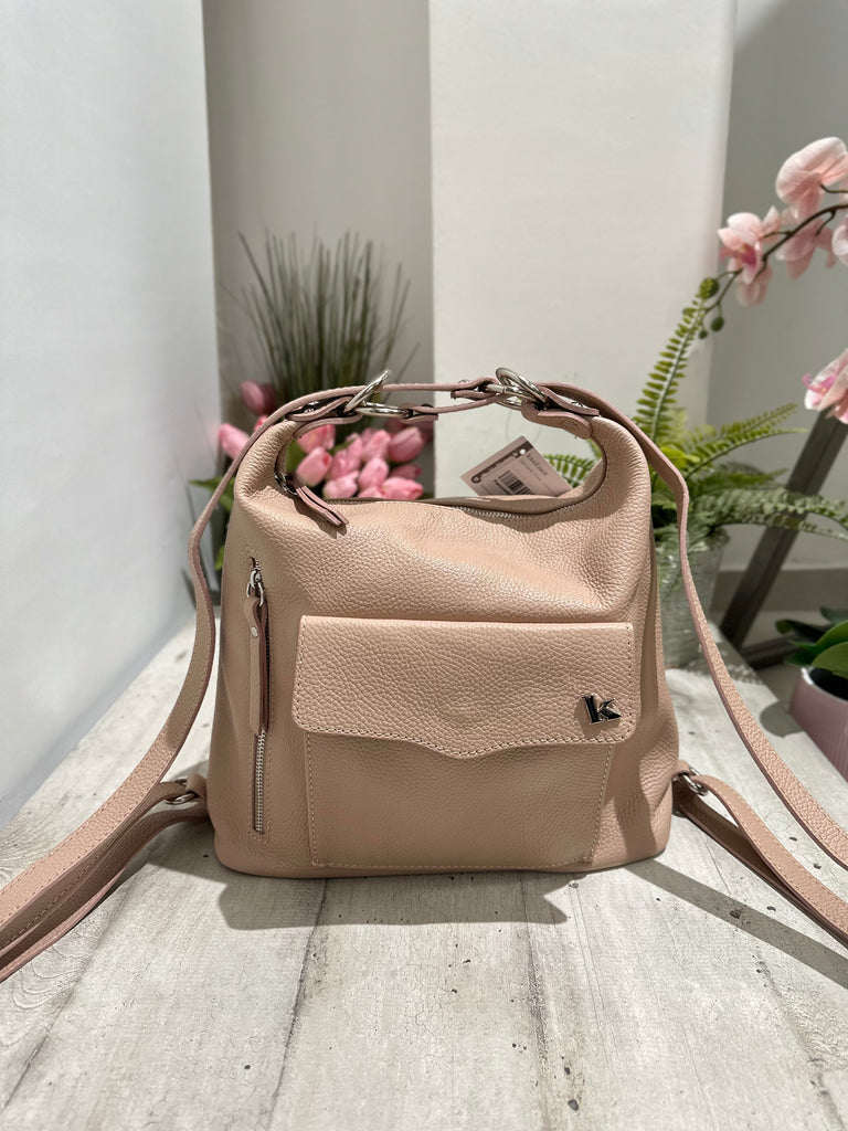 Borsa a Spalla che diventa Zaino in Vera Pelle Rosa Cipria Logo K FIAMMETTA - 2