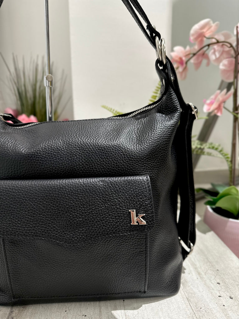 Borsa a Spalla che diventa Zaino in Vera Pelle Nera Logo K FIAMMETTA - 2