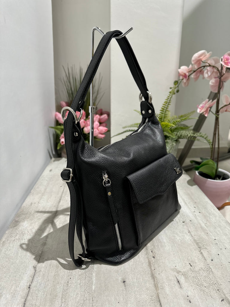 Borsa a Spalla che diventa Zaino in Vera Pelle Nera Logo K FIAMMETTA - 3