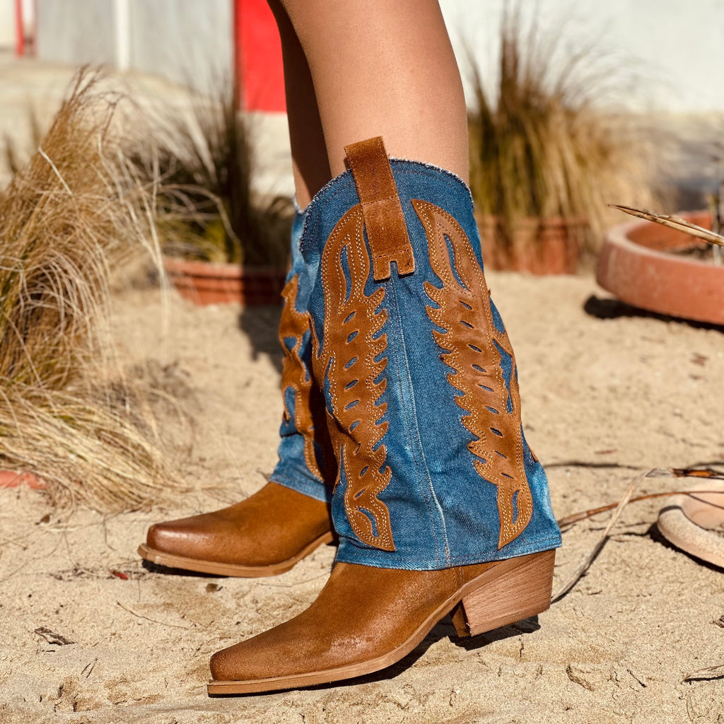 Women's Western Boots with Denim Gaiter and Suede Leather - 2