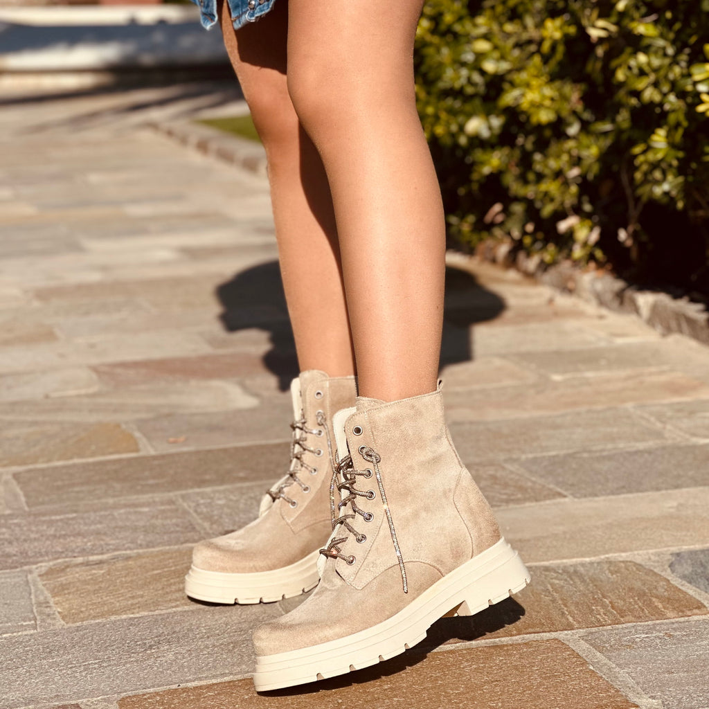 Beige Suede Biker Ankle Boots with Rhinestones and Side Zip - 6