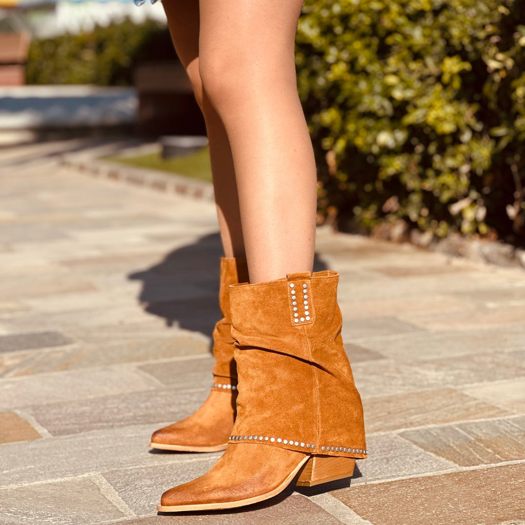 Women's Texan Boots in Leather Suede with Studs - 2