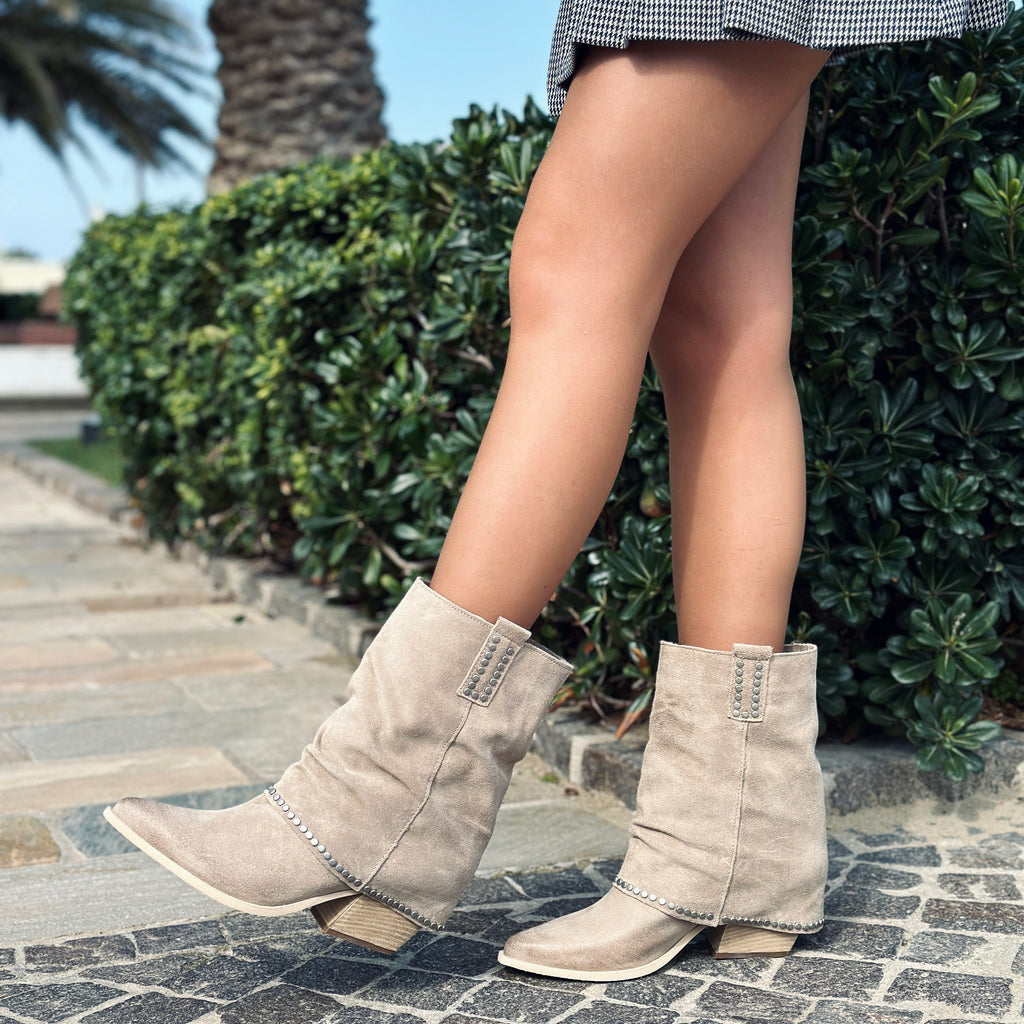 Women's Texan Boots in Beige Suede Leather with Studs - 2