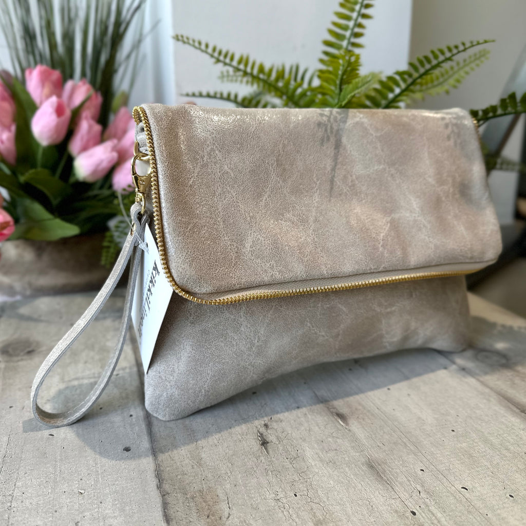 Clutch a Mano Borsa VERA PELLE effetto Vintage Beige GINEVRA tracolla all'interno - 3