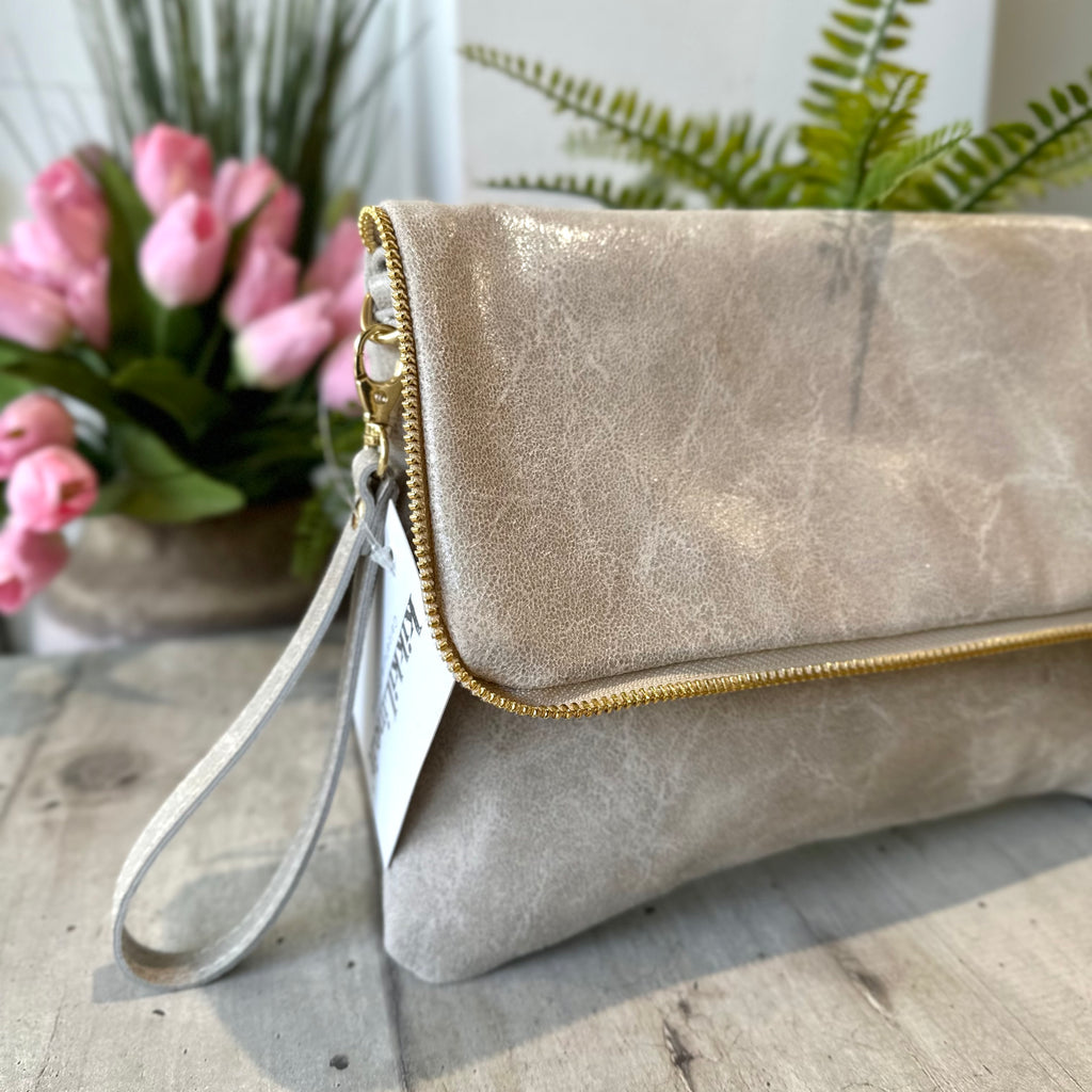 Clutch a Mano Borsa VERA PELLE effetto Vintage Beige GINEVRA tracolla all'interno - 2