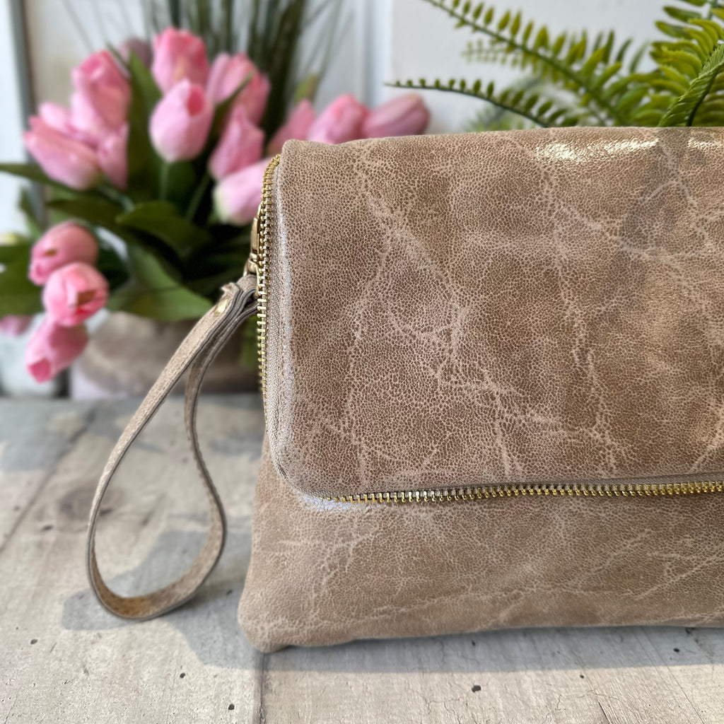 Clutch a Mano Borsa VERA PELLE effetto Vintage Sabbia GINEVRA tracolla all'interno - 2